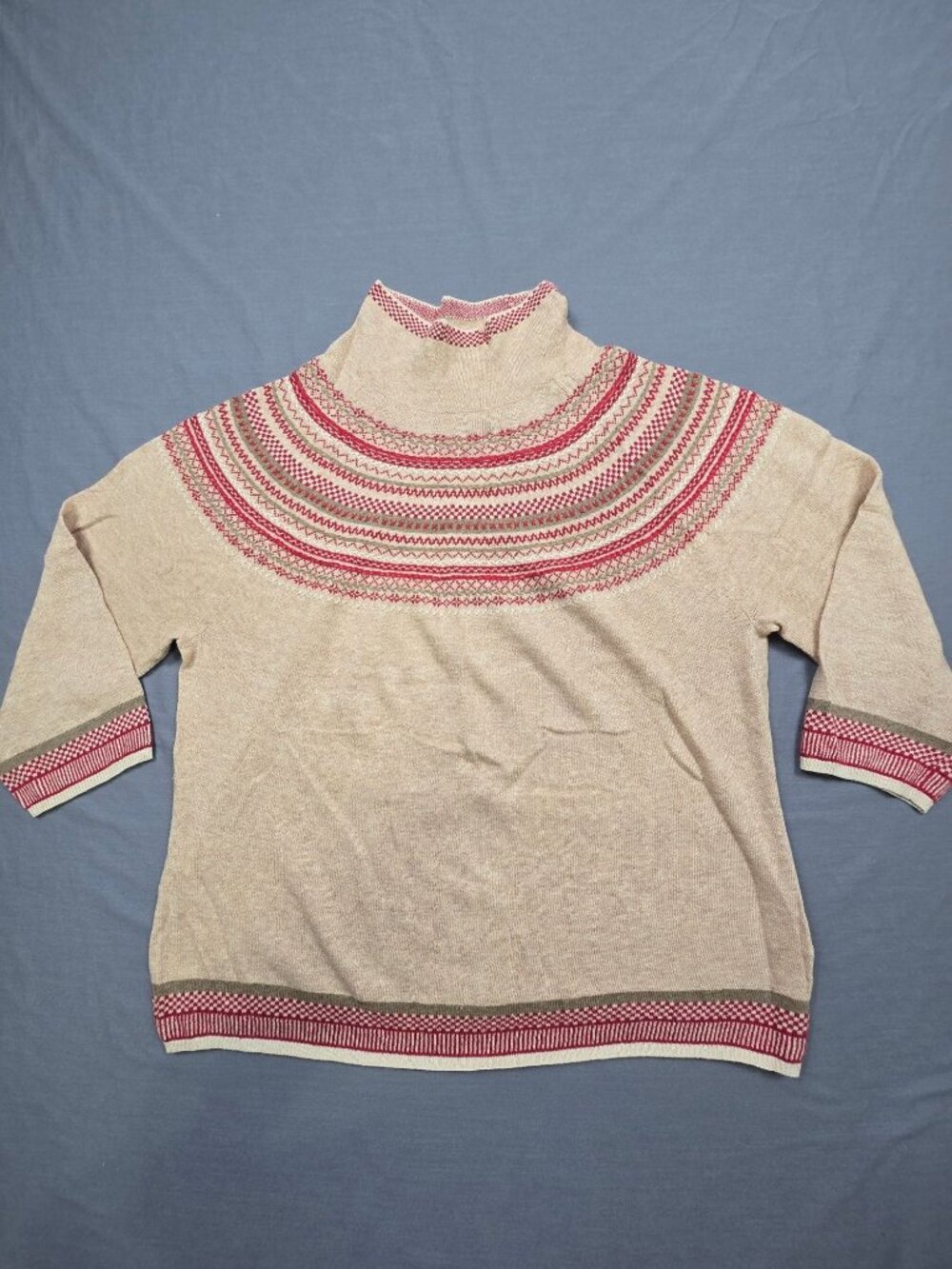 J Jill XL Sweater Beige & Red Fair Isle Knit Cotton Wool Blend Lightweight